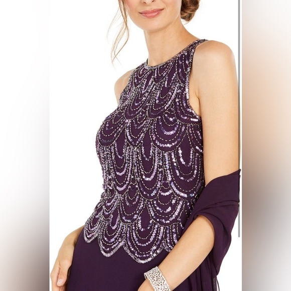J Kara sleeveless beaded dress with matching scarf & sheer bolero cover up - Picture 4 of 12